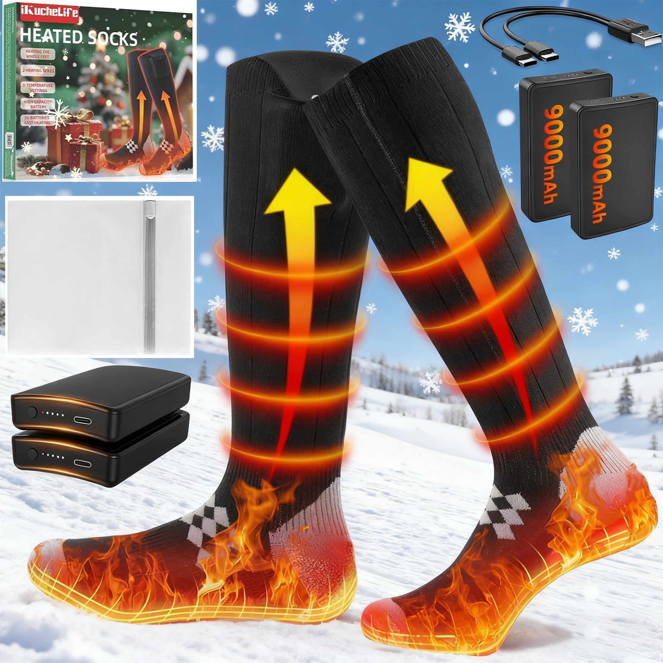 IKUCHELIFE Heated Socks 7500mAh/5V | 2 X Heating Wires | Max. 16.5H, Rechargeable Electric Socks for Men Women 4 Temperature Settings, Machine Washable Warming Socks, Warmer for Whole Soles