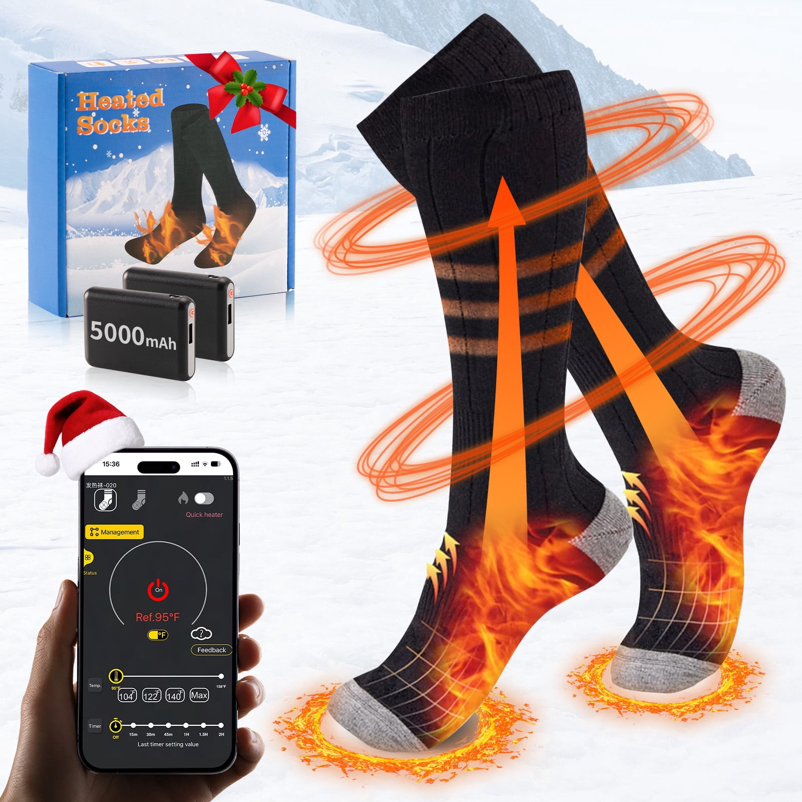 Heated Socks for Men Women,5000mAh Rechargeable Electric Socks with APP Control Warm Winter Thermal Socks for Skiing Hiking Camping Hunting