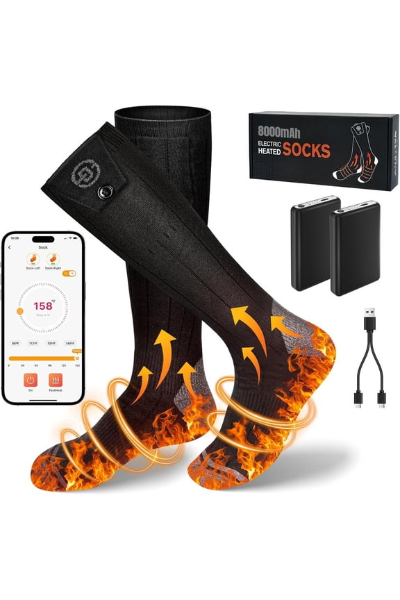 Heated Socks for Men Women, APP Control 8000mAh Rechargeable Battery Electric Socks, 4 Heating Level Foot Warmers Up to 13H Washable Warm Winter Sock for Outdoor Work Ski Hiking Hunting Camping