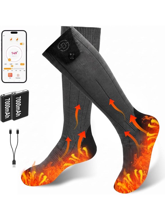 7000mAh Heated Socks for Women Men, Rechargeable Socks Battery Foot Warmer Hiking Socks Up to 10 Hours, APP-ControlElectric Heated Socks with 4 Heating Levels for Outdoor Camping, Fishing