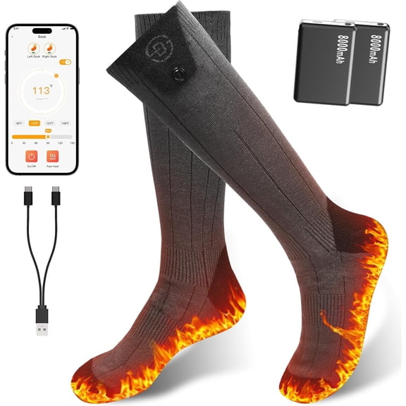 Heated Socks for Women Men, 8000mAh Rechargeable Battery Foot Warmer Hiking Socks Up to 10 Hours, APP Controlled Electric Heated Socks with 4 Heating Levels for Camping Skiing