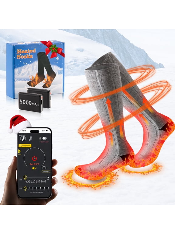 Heated Socks for Men Women,5000mAh Rechargeable Electric Socks with APP Control Warm Winter Thermal Socks for Skiing Hiking Camping Hunting,Gray