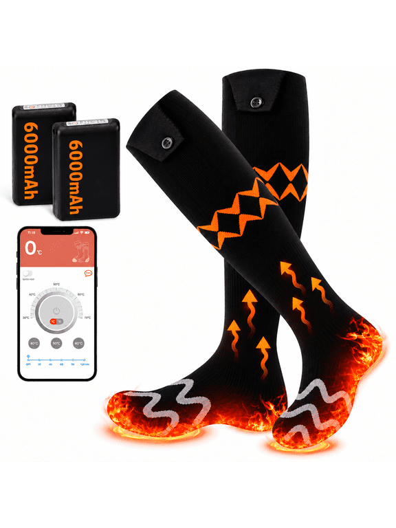 Heated Socks for Men Women, 6000mAh Rechargeable Electric Thermal Socks with App Control, 4 Heat Settings, Foot Warmer for Skiing Hiking Hunting