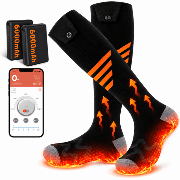 Heated Socks for Men Women, 6000mAh Rechargeable Electric Thermal Socks with App Control, 4 Heat Settings, Foot Warmer for Skiing Hiking Hunting