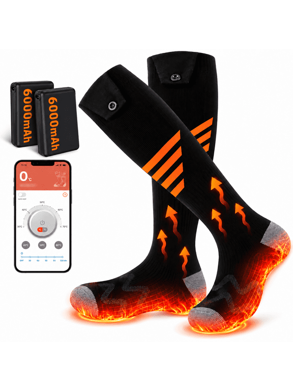 Heated Socks for Men Women, 6000mAh Rechargeable Electric Thermal Socks with App Control, 4 Heat Settings, Foot Warmer for Skiing Hiking Hunting