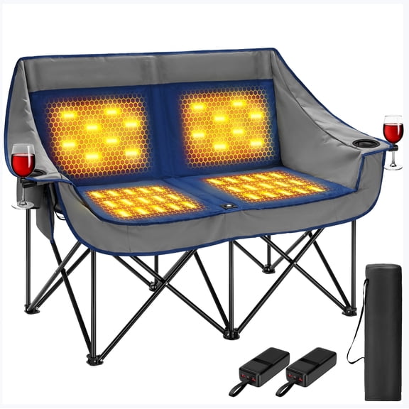 45W Padded Heated Double Camping Chair with 2 x 27000mAh Power Bank, Heated Oversized Portable Loveseat for Outdoor Sports, 3 Levels of Heat, Overheat Protection System, Navy Blue and Gray