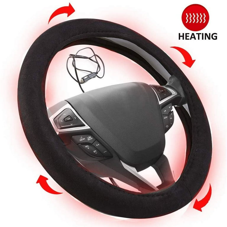 Heated Steering Wheel Cover, 12V Auto Steering Wheel Black Protector Cover  with Heater- 15 Inch