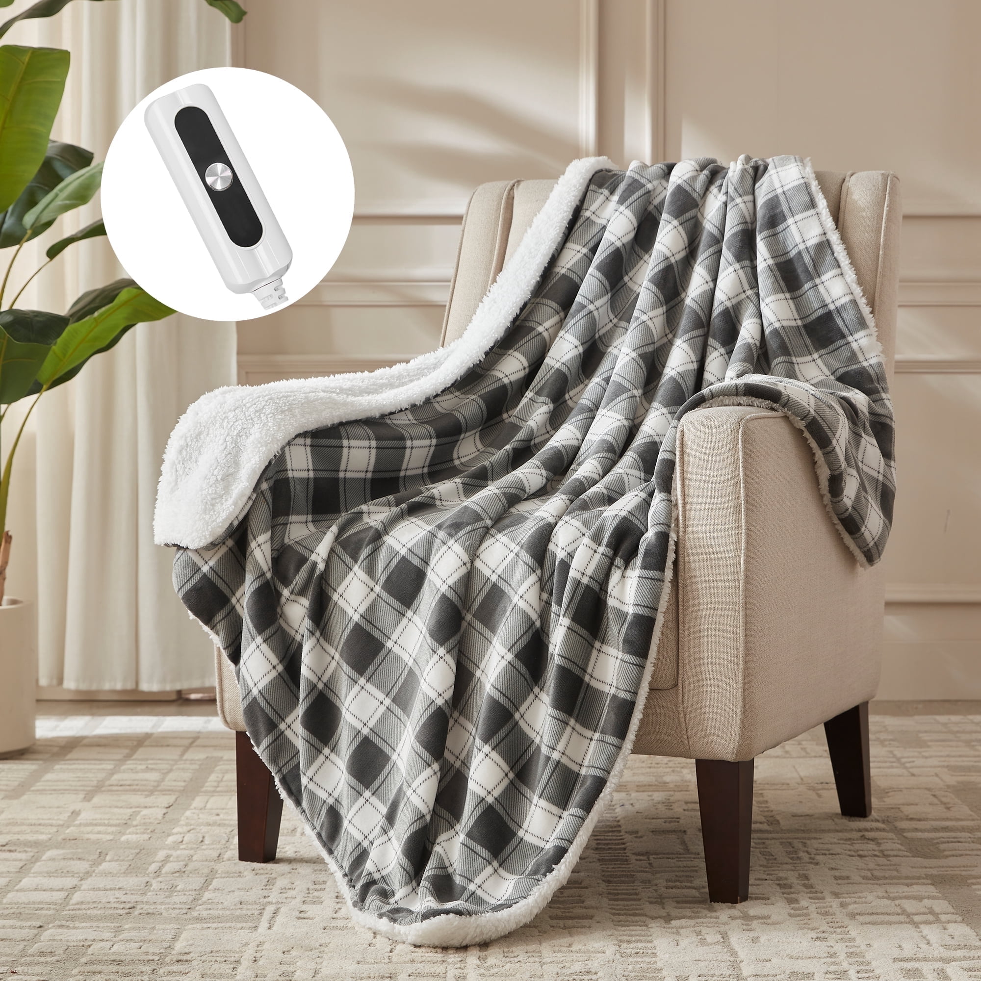 COZY@HOME Electric Blanket, Sherpa and Flannel Throw Size 50"x60", Grey & White Plaid，Fast Heating 6 Heating Levels & 4H Auto-Off, Machine Washable
