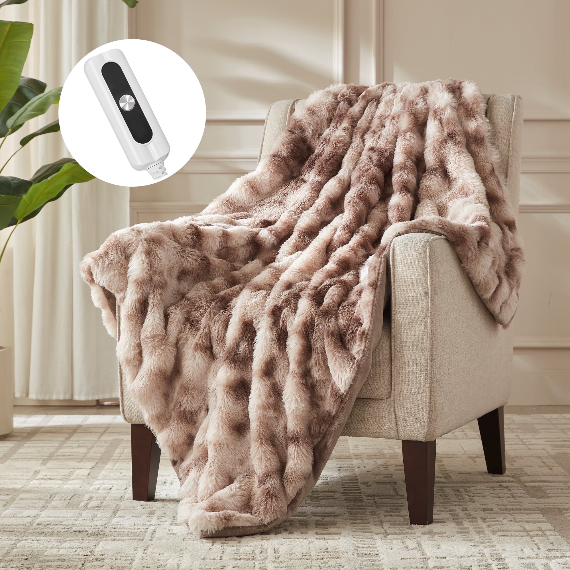 COZY@HOME Heated Blanket,Plush Thick Faux Fur Throw Size 62"x84", Patterned Taupe, 5-Min Fast Heating 6 Heating Levels & 10 Hours Auto-Off, Machine Washable