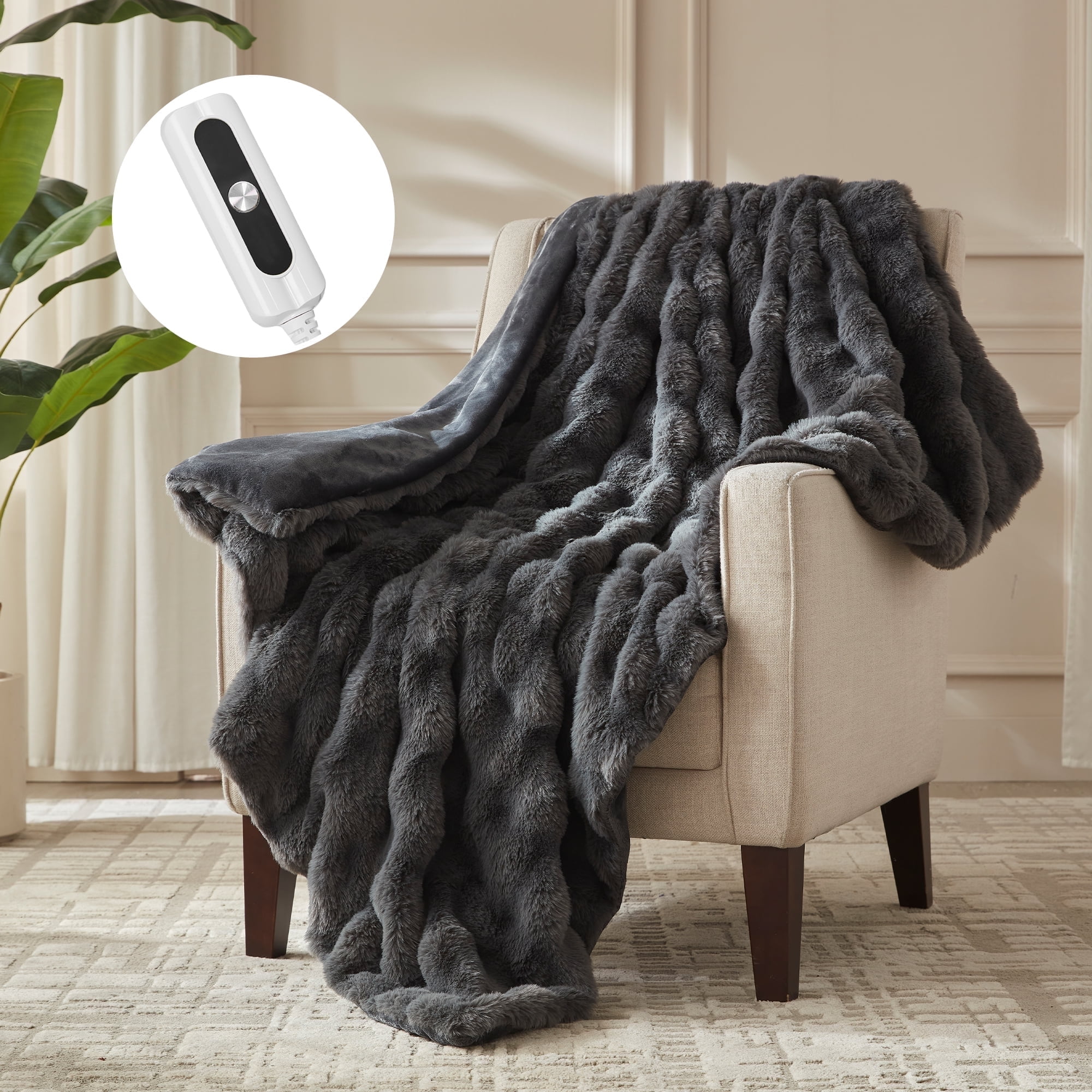 COZY@HOME Heated Blanket,Plush Thick Faux Fur Throw Size 62"x84", Dark Grey, 5-Min Fast Heating 6 Heating Levels & 4 Hours Auto-Off, Machine Washable