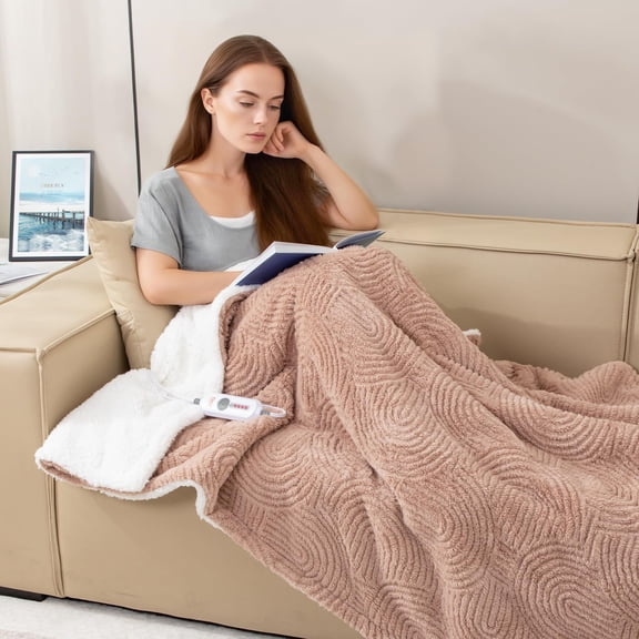 Heated Throw Blanket Electric - 50"x60" Cozy Soft Jacquard Heating Blanket with 4 Heat Levels & 4 Hours Auto-Off, Electric Throw with Overheating Protection, Warm Gifts, Brown