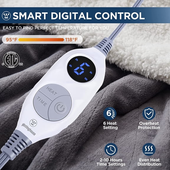 Heated Throw Blanket, Electric Blanket Throw with 6 Heating Levels and 2-10 Hours Time Settings, Flannel to Sherpa Super Cozy Heated Blanket Machine Washable, 50x60 inch, Charcoal