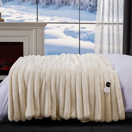 Heated Throw Blanket, Faux Fur Cozy Heating Blanket with Overheat Protection, 1/2/4/6/8 Hours Auto-Off 10 Heat Level, Machine Washable (50x60 Inches, Cream White)