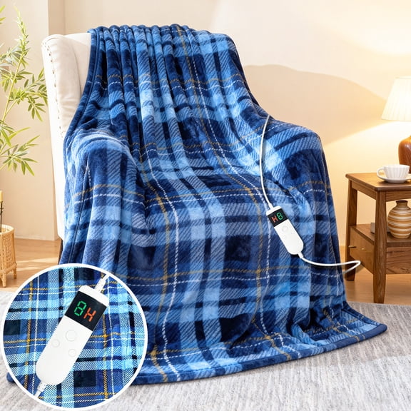 Heated Throw Blanket, Plaid Electric Blanket with 10 Heat Settings, 8-Hour Auto Shut-Off, Overheat Protection, Soft Faux Fur and Sherpa, Machine Washable, New Blue, 50" x 60"