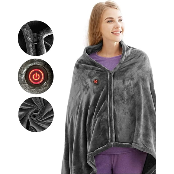 Heated Throw Blanket Plush USB Electric Throw Blanket with Zipper, Adjustable 3 Levels Temperature, Wearable Portable Throw Poncho Wrap for Shoulder and Neck, Machine Washable, 59x 33.5 inch