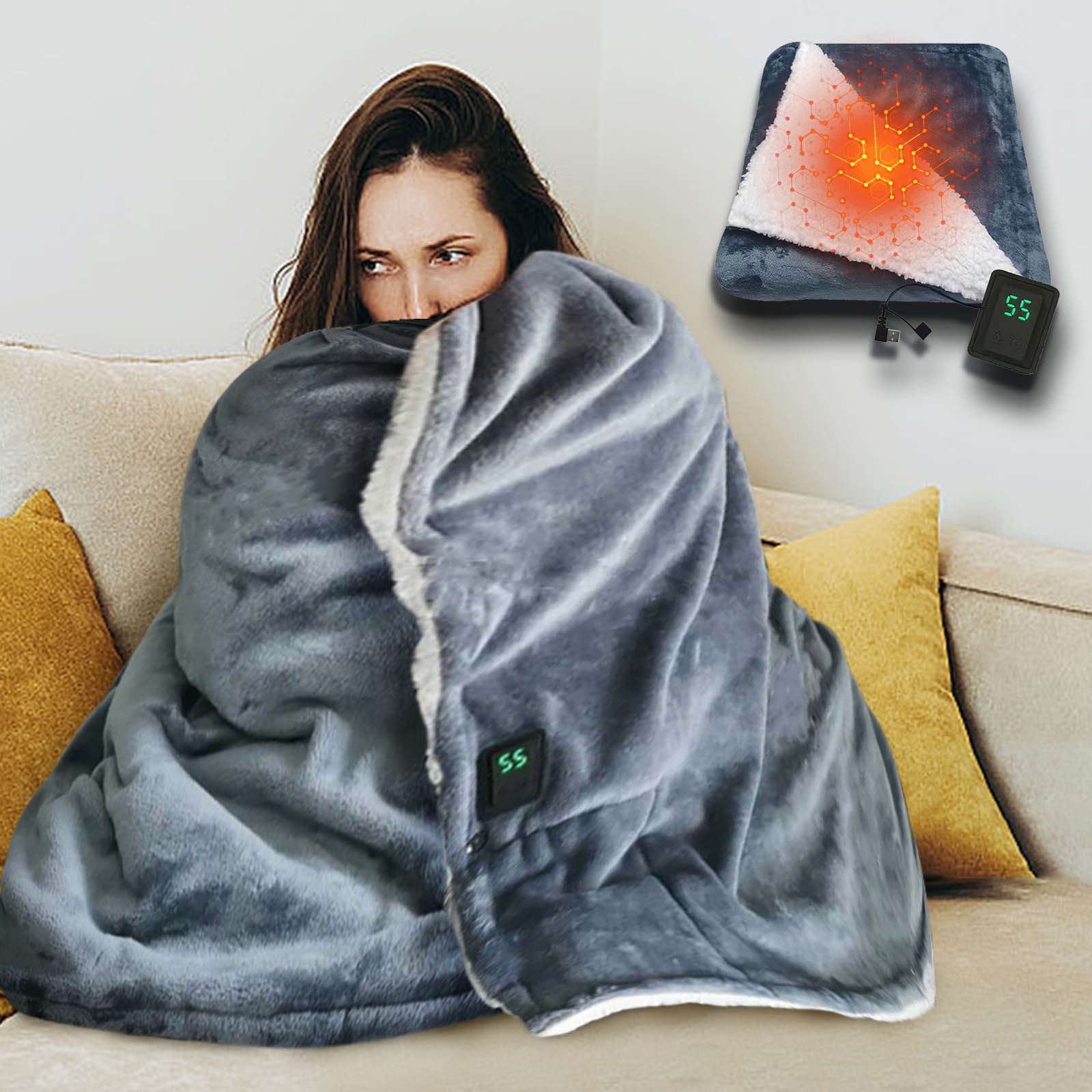 Heated Throw Blanket Plush USB Electric Throw Blanket with Zipper, Adjustable 3 Levels Temperature, Wearable Portable Throw Poncho Wrap for Shoulder and Neck, Machine Washable