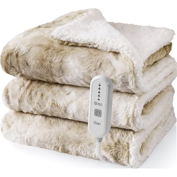 Dowin Faux Fur Heated Throw Blanket 50"x 60", Tie Dye Electric Blanket with 5 Fast Heating Levels & 4 Hrs Auto Off, ETL&FCC Certification, Home Office Use, Beige