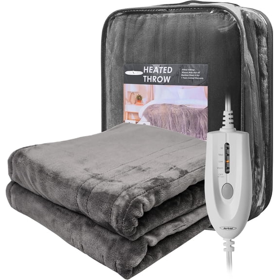 Heated Throw, Electric Blanket Throw 50" x 60", Double-Layer Flannel with 4 Heating Settings, 4 Hours Auto Off, 5 Warranty, ETL Certified, Machine Washable, Grey