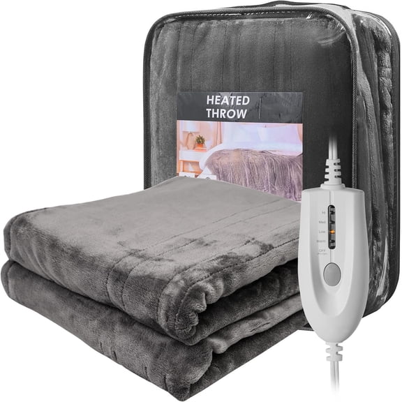 Heated Throw, Electric Blanket Throw 50" x 60", Double-Layer Flannel with 4 Heating Settings, 4 Hours Auto Off,Machine Washable, Grey