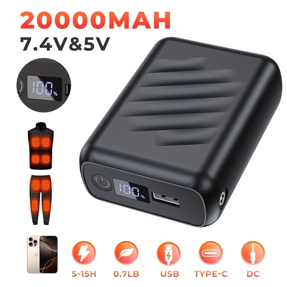 Heated Vest Battery Pack, 7.4V/5V 20000Mah Power Bank for Heated Vest, Heated Jacket Battery Pack with DC And USB Output Ports, Fast Recharge