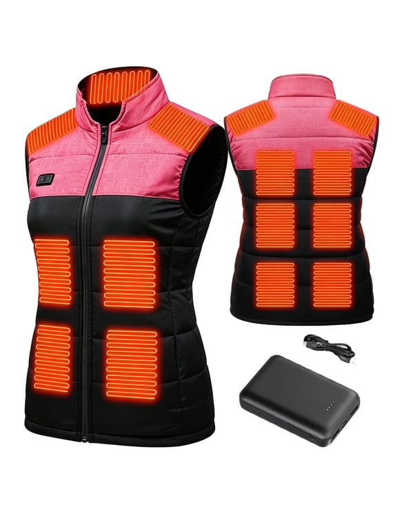 Women Heated Vest with Battery Pack,Pink Winter Warm Heating clothing with 15 Heat Zones,Windproof Waterproof Electric Thermal Vest for Outdoor Cycling Hunting Fishing Skiing