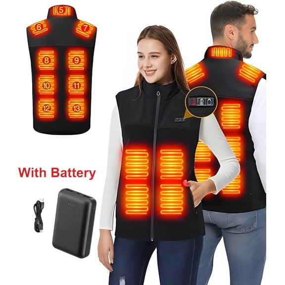 Heated Vest with Battery Pack for Men Women, Fleece Heating Vest with 13 Heating Zones Washable Heating Jackets Size Adjustable Winter Vest, Black