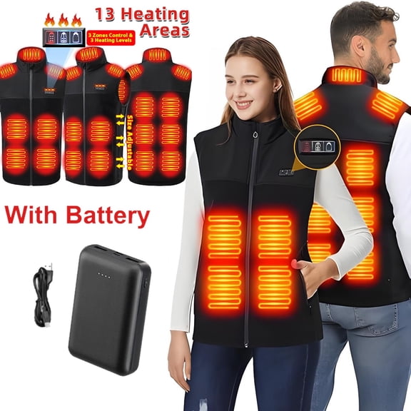 Heated Vest with Battery Pack for Men Women, Fleece Heating Vest with 13 Heating Zones Washable Heating Jackets Size Adjustable Winter Vest, Black