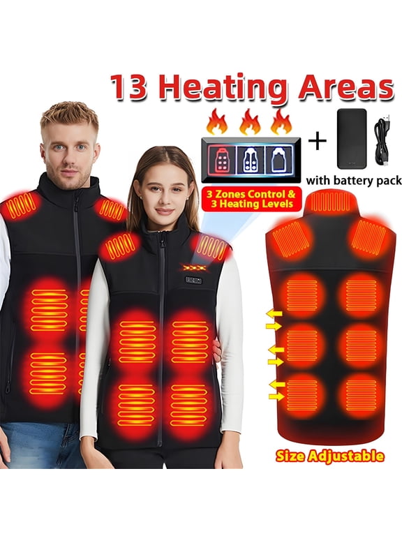 Heated Vest with Battery Pack for Men Women, Heating Vest with 13 Heating Zones Washable Heating Jackets Size Adjustable Winter Vest, Black