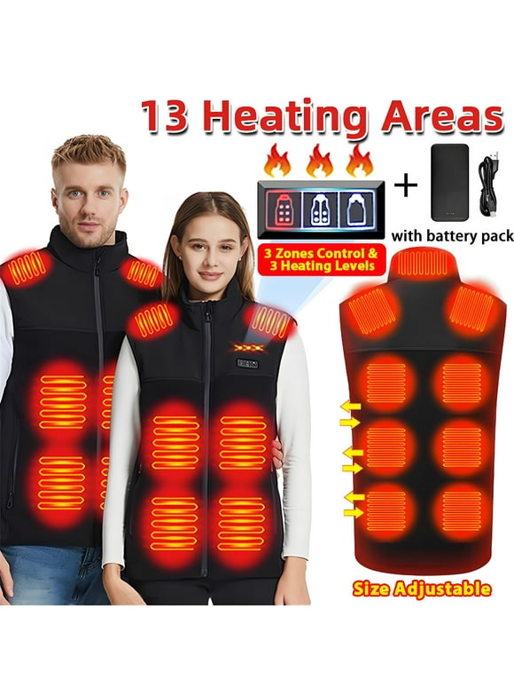 Heated Vest with Battery Pack for Men Women, Heating Vest with 13 Heating Zones Washable Heating Jackets Size Adjustable Winter Vest, Black
