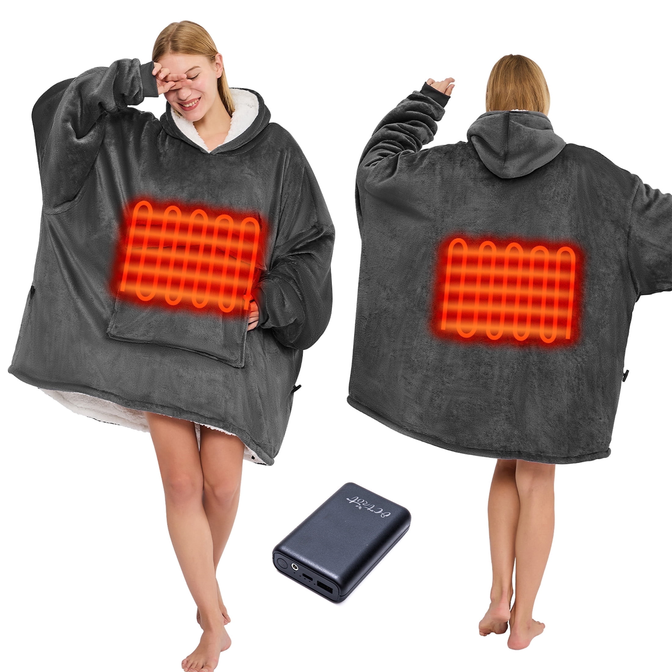 PMONPA Heated Wearable Blanket, Oversized Wearable Heated Blanket for Adult, Sherpa Fleece Blanket Hoodie, One Size, Grey