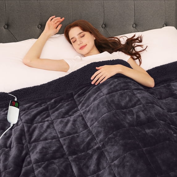 PMONPA Heated Weighted Blanket for Adults, Flannal Sherpa Electric Weighted Blankets, 51"x 61", 13lbs, Grey