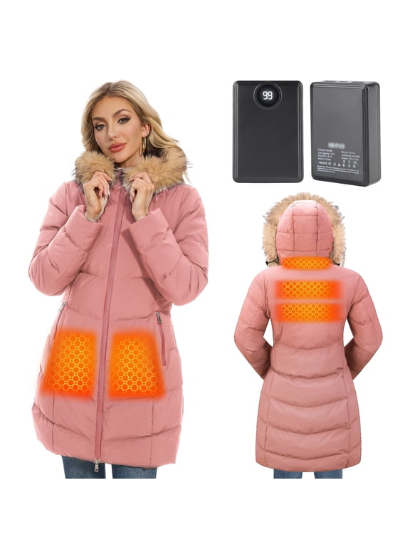 Heated Women Jacket, 2 Pack 12000mAh Power Bank, 5 Heat Zone, 4 Heating Level(Pink, M)