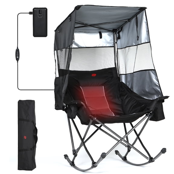 Heated XL Oversized Rocking Camping Chair with Canopy & Battery, Folding Outdoor Patio Rocker with Cup Holder & Cooler Bag for Backyard, Sports & Camping(1 Pack)