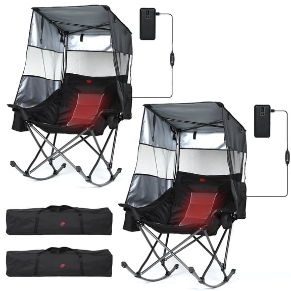 Heated XL Oversized Rocking Camping Chair with Canopy & Battery, Folding Outdoor Patio Rocker with Cup Holder & Cooler Bag for Backyard, Sports & Camping(2 Pack)