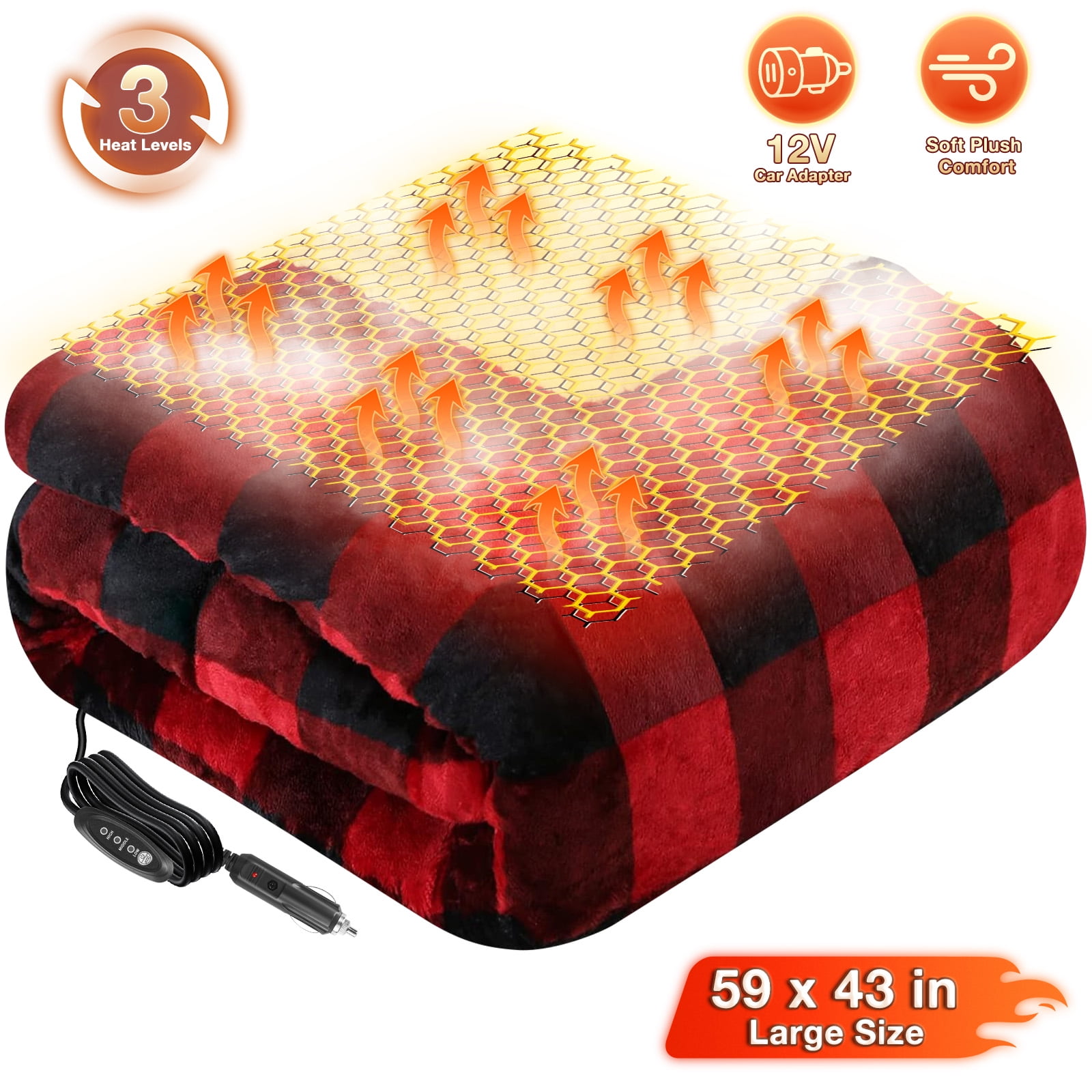 Loheer Heated Car Blanket, 12-Volt Electric Blanket for Car, Truck, SUV, RV, Portable Heated Throw for Camping, 3 Heat Settings, Red Buffalo Plaid, 59" x 43”