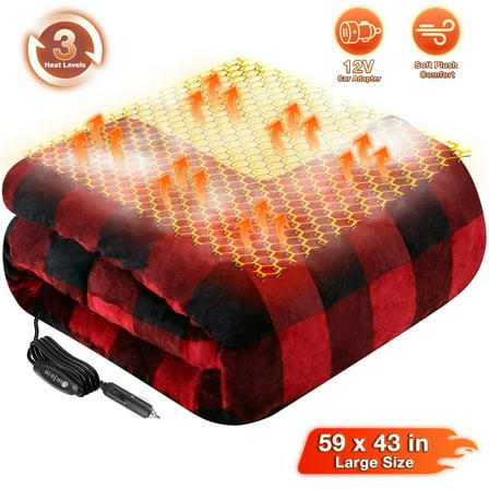 Loheer Heated Car Blanket, 12-Volt Electric Blanket for Car, Truck, SUV, RV, Portable Heated Throw for Camping, 3 Heat Settings, Red Buffalo Plaid, 59" x 43”