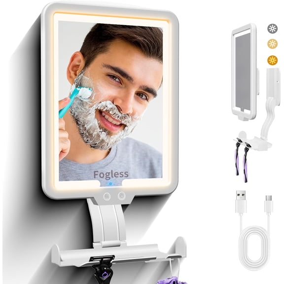 Heated fog free Shower Mirror Fogless for Shaving for Women Makeup Removing,Anti fog Mirror for shower with 3-Color Dimming Light,Rechargeable Lighted Mirror,2Ways Wall Mounted Shower Mirrors