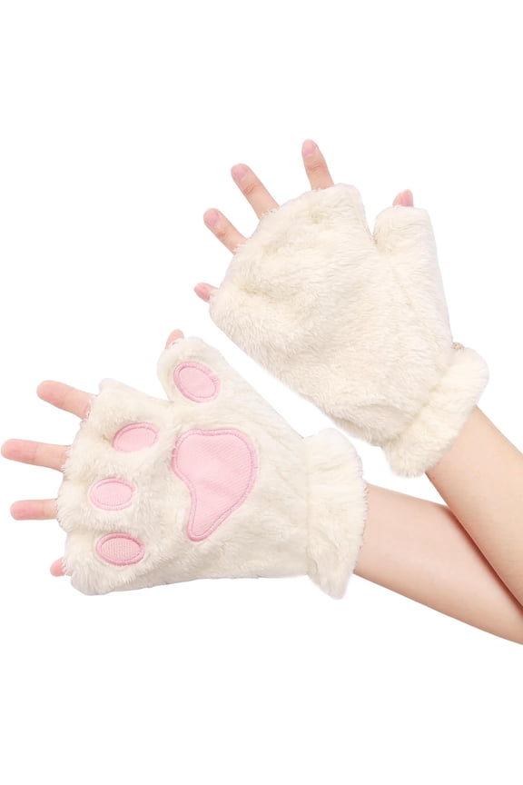 Heater Gloves for Women with Cat Paws Design, Winter Fluffy Plush Fingerless Mittens for Teen Girls, Cute Cartoon Accessories