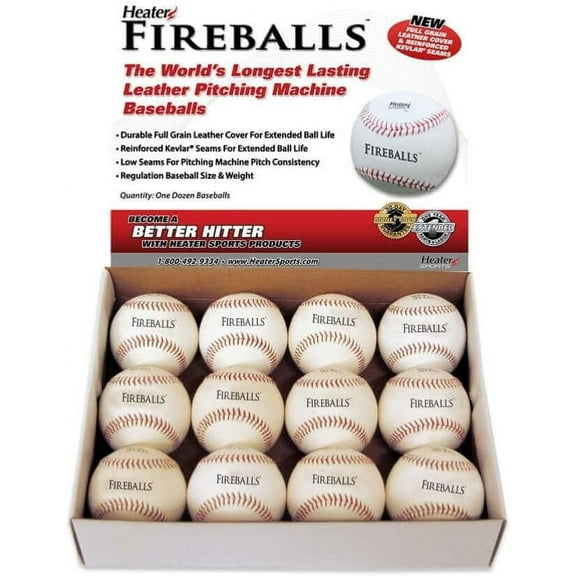 Heater Sports Fireball Pitching Machine Baseballs - 1 Dozen, Genuine Leather, Kevlar Seams, Official Weight | Accurate & Durable for Premium Performance and Practice