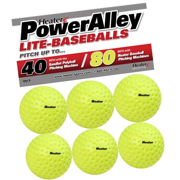 Heater Sports PowerAlley Lite Baseballs, Pitching Machine Balls, 1/2 Weight of Baseball, 9” Diameter – 80MPH Speed Simulation, Optic Green, Pack of 6