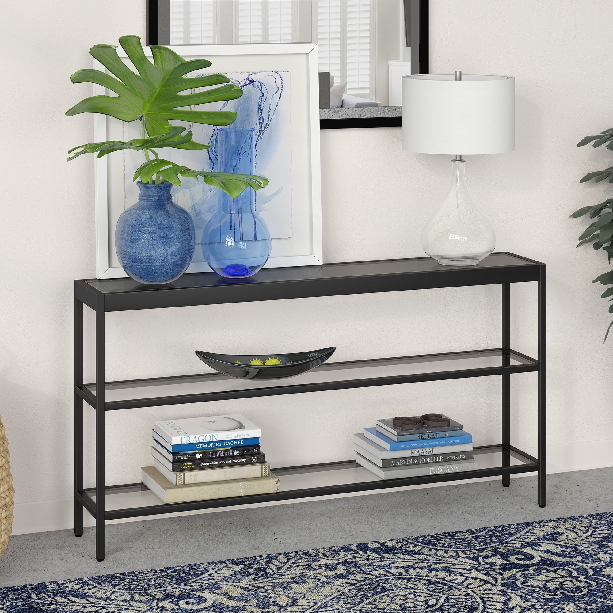 Modern Blackened Bronze and Glass Console Table with Dual Shelves