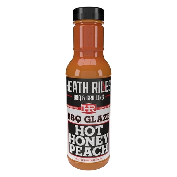 Heath Riles BBQ Hot Honey Peach BBQ Glaze Sweet & Spicy Peach BBQ Sauce, Rib Glaze for Ribs, Pork, or Ham Glaze 80+ BBQ Championships, 12 oz