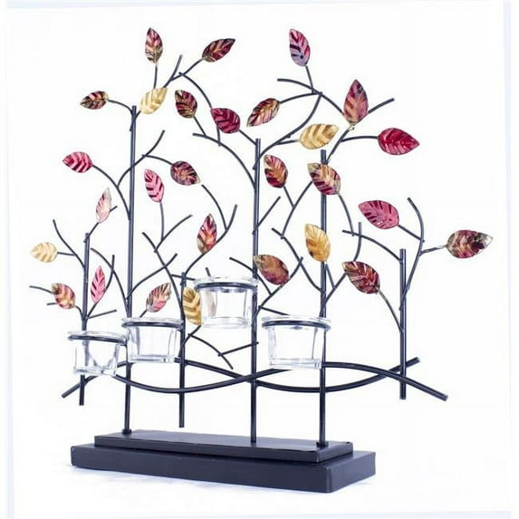 Heather Ann W0926C4-06 Tree Foiled and Lacquered Decorative 4 Votive Holder, Copper, Red & Gold