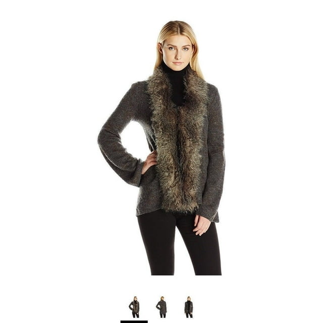 Heather B Women's Light Weight Faux Fur Color Hi / Low Boiled Wool Jacket