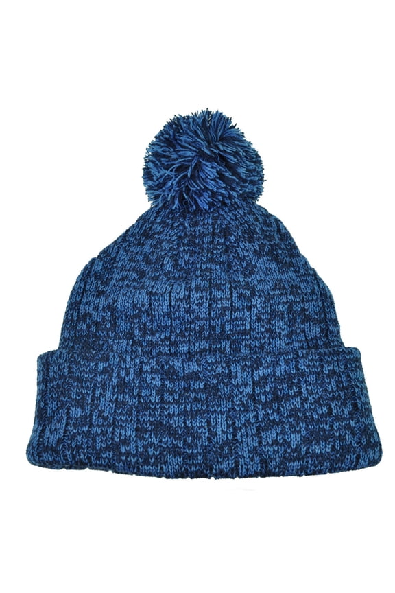 Heather Blue Blank Solid Plain Cuffed Knit Beanie Toque Pom Pom Winter Hat Skull