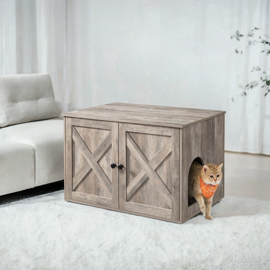 Heather Greige Cat Litter Box Enclosure. Doubles as indoor cat house & end table. Hidden design, sized 27.6 x 19.7 x 19.7 inches.