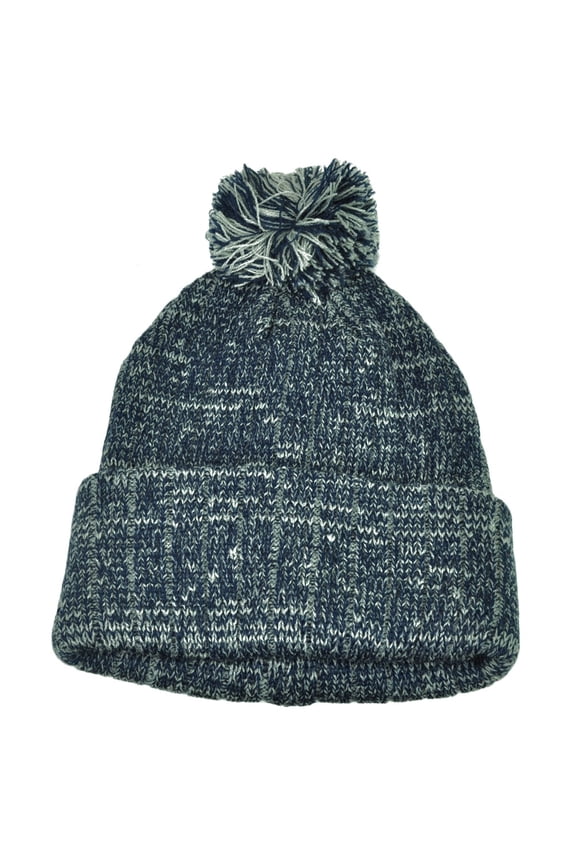 Heather Navy Blue Blank Solid Plain Cuffed Knit Beanie Toque Pom Pom Winter Hat