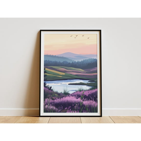 Heather and Moss Hill Landscape Poster Purple Flower Meadow Lake Nature Print Peaceful Sunset Scenery Wall Art Botanical Illustration