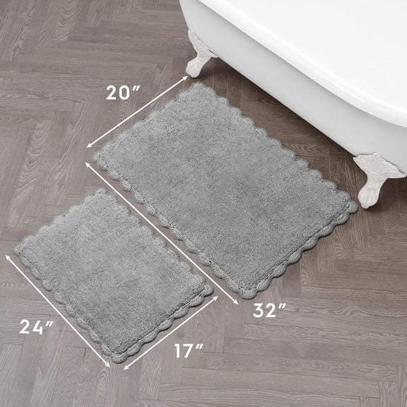 Heathered Crochet Border  Cotton 17" x 24" / 20" x 32" 2-Piece Skid-Resistant Bath Rug Set, Dark Grey