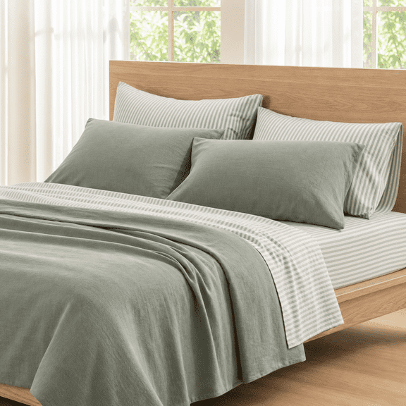 Heathered Green Queen Washed Cotton Bedding Sheet Set